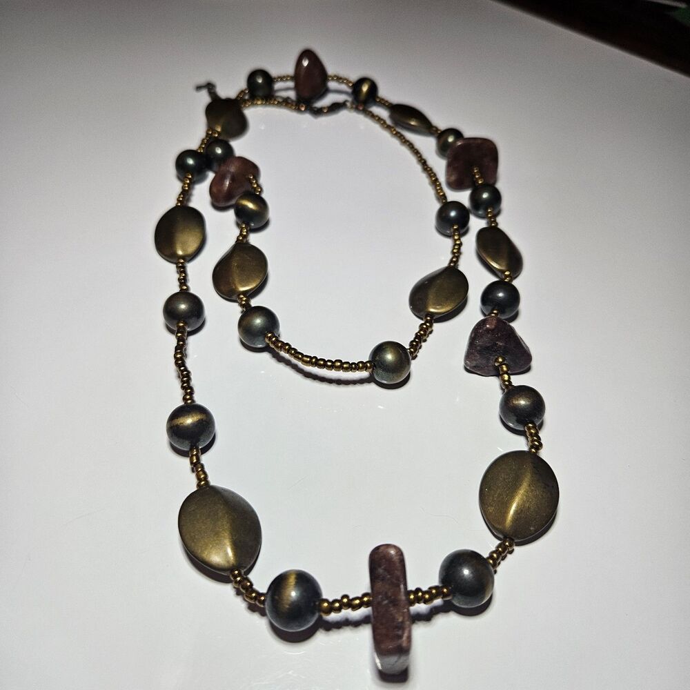 Long Gold Tone Earth Tone Beaded Necklace 37-40"
